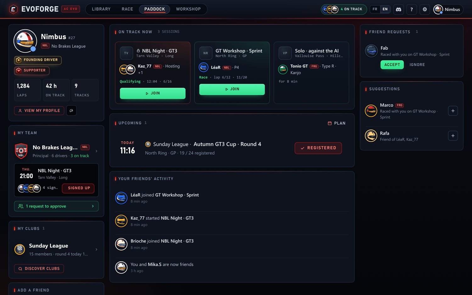 EvoForge Paddock home: friends on track, team, clubs and upcoming events