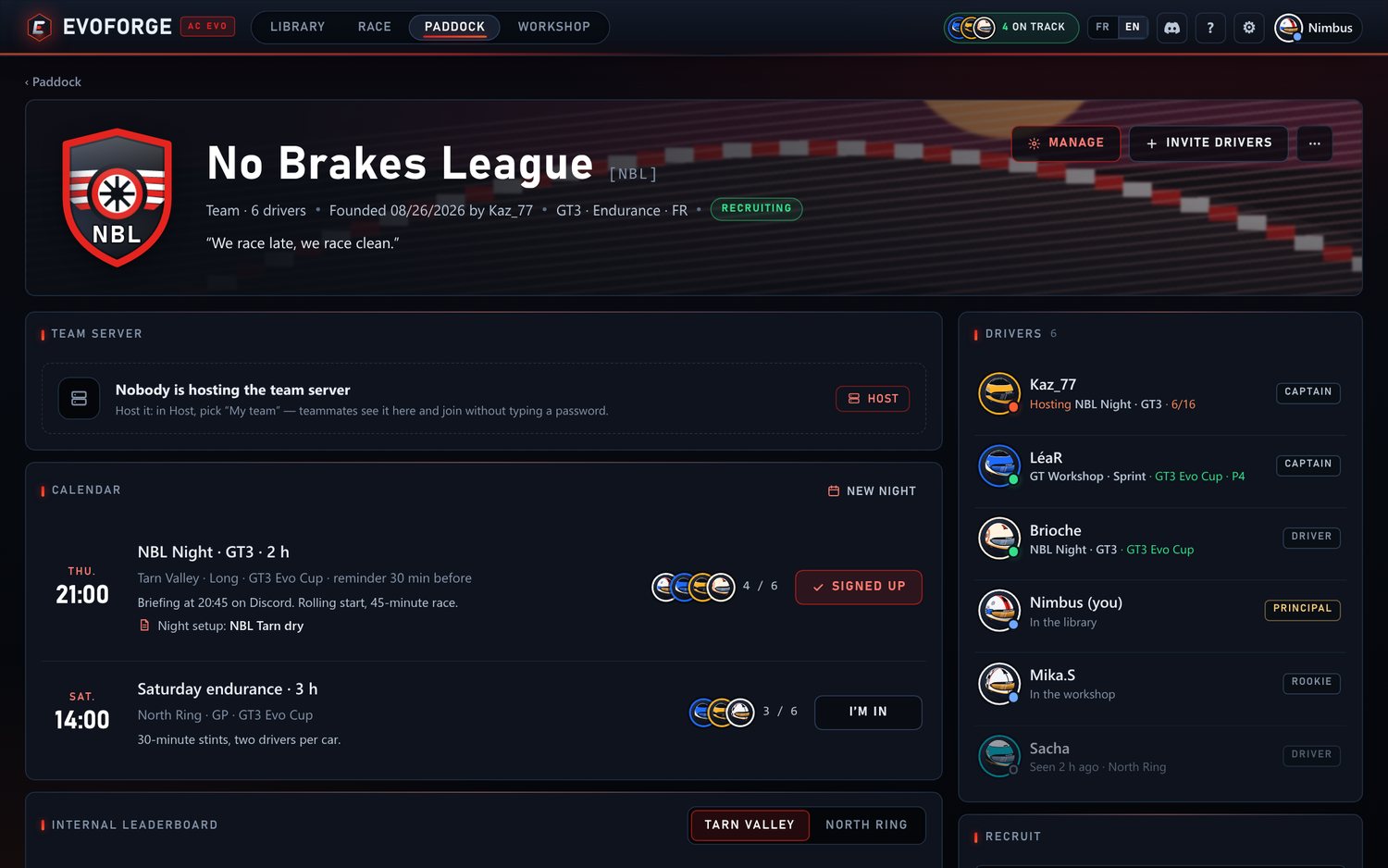 A team page: crest, team nights, team server and drivers