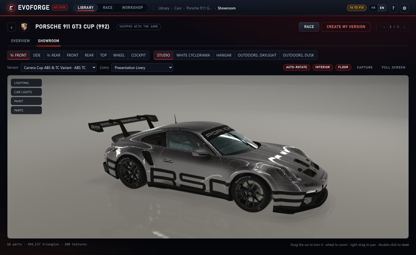 Le showroom d'EvoForge : une Porsche 911 GT3 Cup en studio