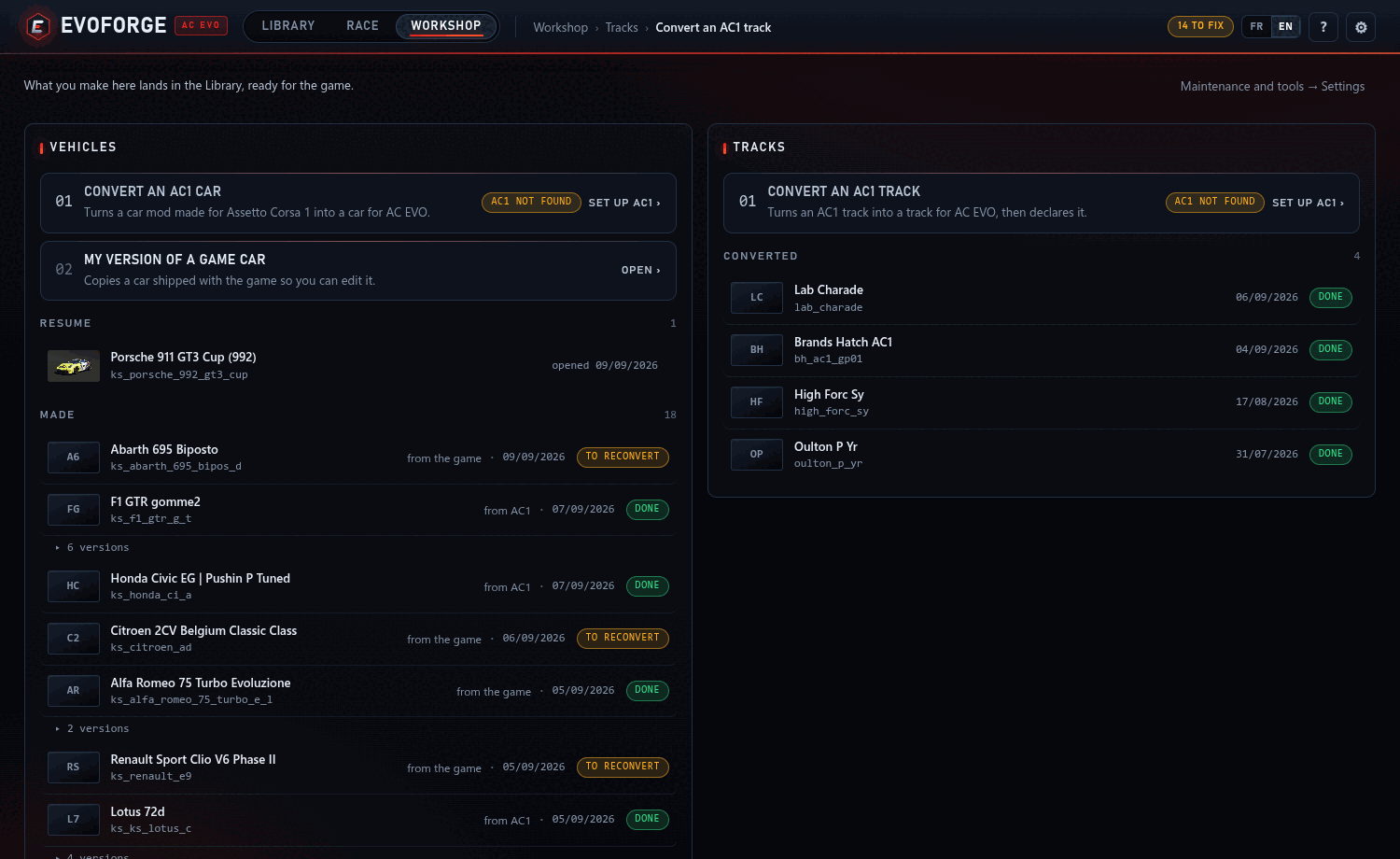 Assetto Corsa to Assetto Corsa EVO mod conversion workshop in EvoForge